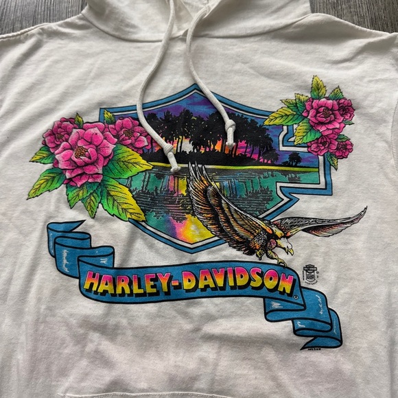 Vintage 80s Harley Davidson Eagle Floral Biker Short Sleeve Hoodie - Picture 5 of 7